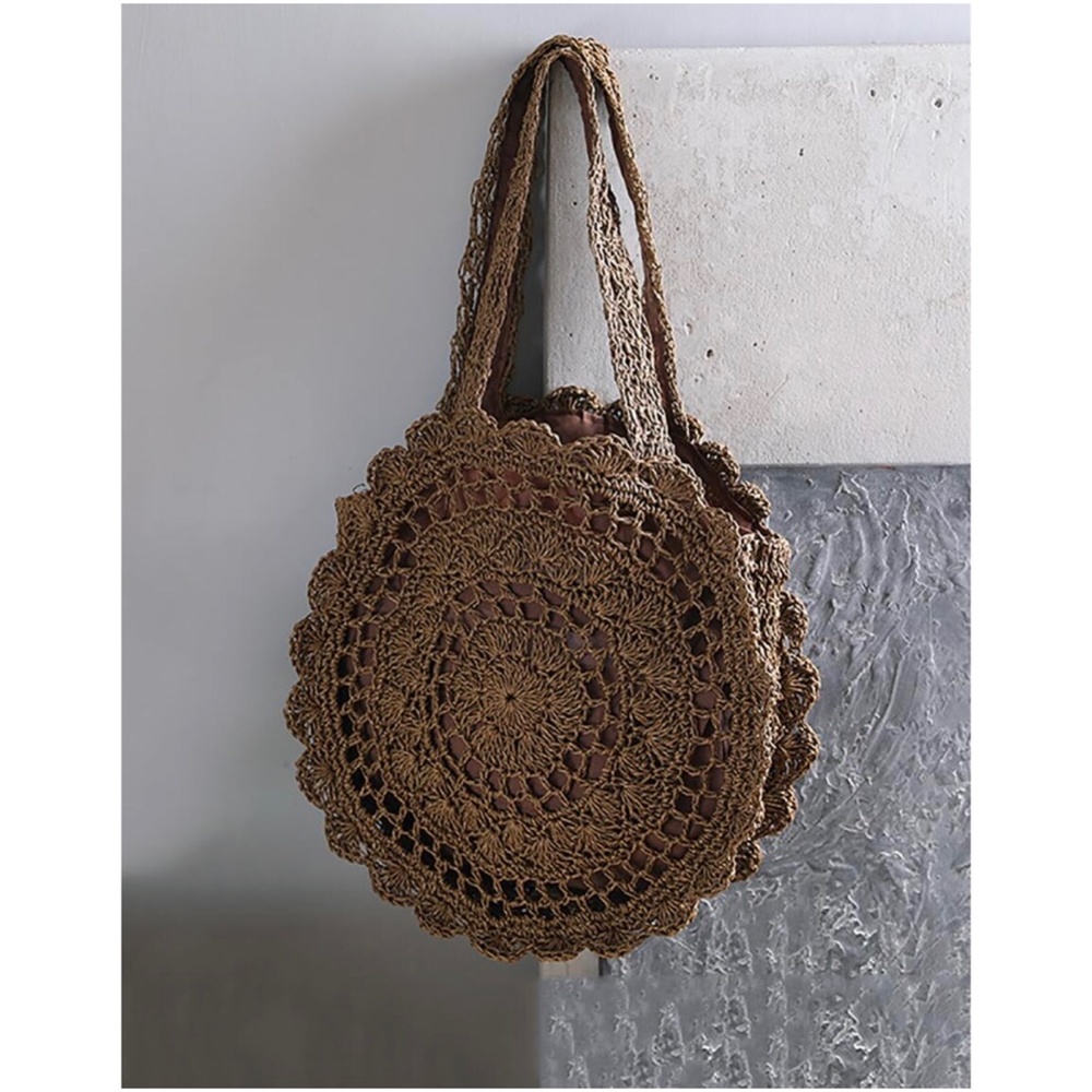 Boho Coffee Brown Straw Round Bag - Picture 5 of 7